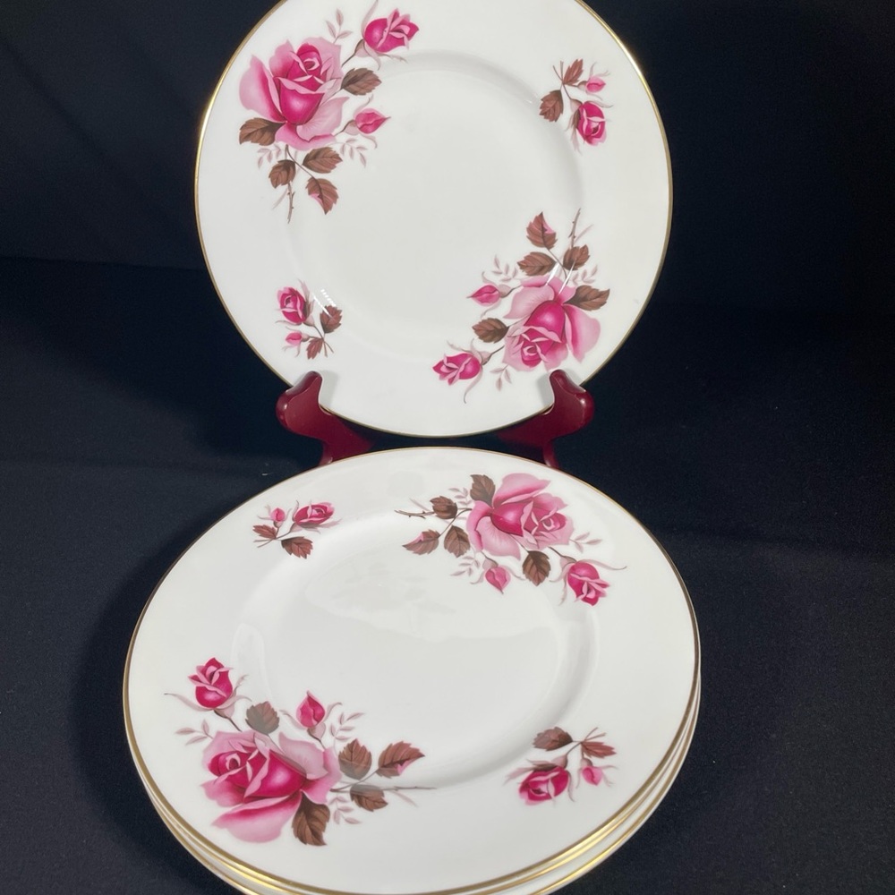 Royal Tuscan BELGRAVIA Salad Plates, Fine Bone China, Pink Roses & Gold Trim.